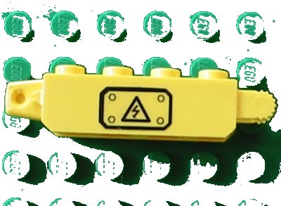 LEGO part Hinge Brick 1 x 4 Locking, 9 Teeth with Black Electricity Danger Sign on Transparent Background Pattern Model Left Side (Sticker) - Set 7248 (30387pb001La)