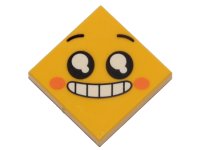 LEGO part Tile 2 x 2 with Face, Smile with Teeth and Open Mouth, Black Eyes with White Pupils, Raised Eyebrows, Orange Cheeks Pattern 3068pb1236