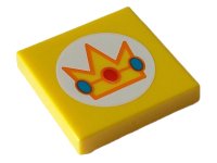 LEGO part Tile 2 x 2 with Crown with Red and Dark Turquoise Jewels and Orange Edges in White Circle Pattern 3068pb2061