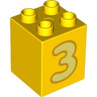 LEGO part Duplo, Brick 2 x 2 x 2 with Bright Light Yellow Number 3 with Bright Light Orange Outline Pattern 31110pb172