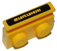 LEGO part Plate, Modified 1 x 2 with Door Rail with Yellow 'ZURUHAI' on Black Background Pattern (Sticker) - Sets 8148 / 8152 32028pb01