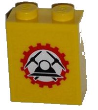 LEGO part Stein 1 x 2 x 2 with Inside Stud Holder with Miners Logo (Helmet with Crossed Pickaxes in Gear) on Transparent Background Pattern (Sticker) - Set 4203 3245cpb014