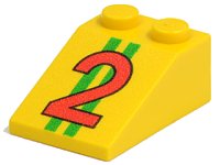 LEGO part Schräge 33 3 x 2 with Red Number 2 and Two Green Stripes Pattern 3298pb011