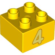 LEGO part Duplo, Brick 2 x 2 with Number 4 Bright Light Yellow Pattern 3437pb106