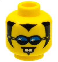 LEGO part Minifigure, Head Black Widow's Peak, Sideburns and Soul Patch, Sunglasses with Blue Lenses, Neutral with White Buck Teeth Pattern 3626pb0031