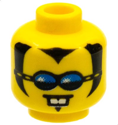 LEGO part Minifigure, Head Black Widow's Peak, Sideburns and Soul Patch, Sunglasses with Blue Lenses, Neutral with White Buck Teeth Pattern (3626pb0031)