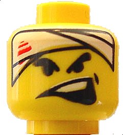 LEGO part Minifigure, Head Black Thick Eyebrows, White Head Bandage with Red Streaks, Dimple, Wide Lopsided Open Mouth with Top Teeth Pattern (3626pb0123)