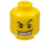 LEGO part Minifigure, Head Male Black Thin Eyebrows, Upper Eyelids, Moustache and Sideburns Stubble, Wide Open Mouth Smile with Teeth and Gold Tooth Pattern 3626pb0302