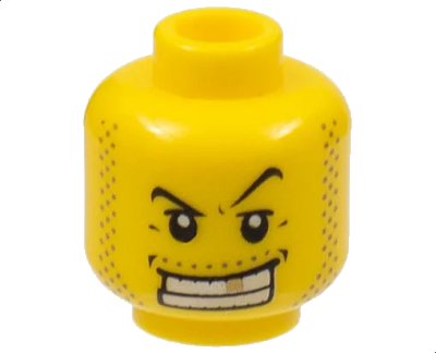 LEGO onderdeel Minifigure, Head Male Black Thin Eyebrows, Upper Eyelids, Moustache and Sideburns Stubble, Wide Open Mouth Smile with Teeth and Gold Tooth Pattern (3626pb0302)