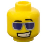 LEGO part Minifigure, Head Black Angled Eyebrows, Silver Sunglasses with Dark Purple Lenses, Lopsided Open Mouth Smile with Teeth and Sparkle Pattern 3626pb0467