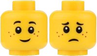 LEGO part Minifigure, Head Dual Sided Child Black Eyebrows, Reddish Brown Freckles, Grin / Sad Frown Pattern 3626pb0595