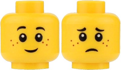 LEGO part Minifigure, Head Dual Sided Child Black Eyebrows, Reddish Brown Freckles, Grin / Sad Frown Pattern (3626pb0595)