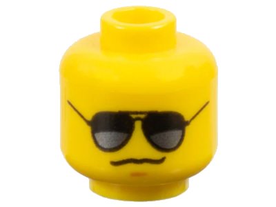 LEGO onderdeel Minifigure, Head Black Sunglasses with Dark Silver Reflections, Medium Nougat Chin Dimple, Grim Smirk Pattern (3626pb0642)