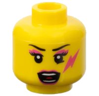 LEGO part Minifigure, Head Female Black Thin Eyebrows, Eyelashes, Dark Pink Eye Shadow, Lips, and Lightning Bolt, Open Mouth with Teeth Parted and Red Tongue Pattern 3626pb0714