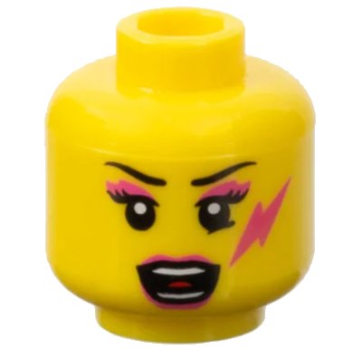 LEGO onderdeel Minifigure, Head Female Black Thin Eyebrows, Eyelashes, Dark Pink Eye Shadow, Lips, and Lightning Bolt, Open Mouth with Teeth Parted and Red Tongue Pattern (3626pb0714)