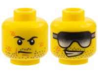 LEGO part Minifigure, Head Dual Sided Dark Bluish Gray Stubble, Orange Scuff Marks, Black Eyebrows and Scowl / Sunglasses and Lopsided Open Mouth Smile with Teeth Pattern 3626pb0750