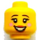 LEGO part Minifigure, Head Female Black Eyebrows, Eyelashes, Bright Pink Circles on Cheeks, Red Lips, Open Mouth Smile with Teeth Pattern 3626pb0914