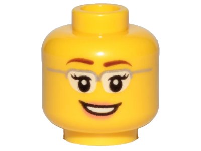 LEGO onderdeel Minifigure, Head Female Glasses with Silver Frames, Reddish Brown Eyebrows, Eyelashes, Nougat Lips, Open Mouth Smile with Teeth Pattern (3626pb1210)