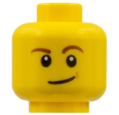 LEGO part Minifigure, Head Reddish Brown Eyebrows, White Pupils, Lopsided Smile and Medium Nougat Dimple Pattern (3626pb1286)