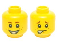 LEGO onderdeel Minifigure, Head Dual Sided Child Reddish Brown Eyebrows and Freckles, Open Mouth Smile with Teeth / Worried Pattern 3626pb1349