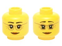 LEGO part Minifigure, Head Dual Sided Female Dark Tan Glasses, Laugh Lines, Dark Orange Lips, Neutral / Raised Eyebrows Amused Pattern 3626pb1398