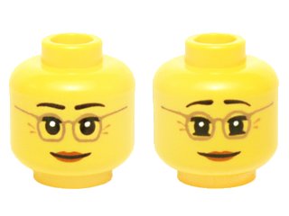 LEGO part Minifigure, Head Dual Sided Female Dark Tan Glasses, Laugh Lines, Dark Orange Lips, Neutral / Raised Eyebrows Amused Pattern (3626pb1398)
