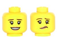 LEGO part Minifigure, Head Dual Sided Female Dark Brown Eyebrows, Dark Tan Lips with Open Smile / Lip and Eyebrow Raised Pattern 3626pb1501