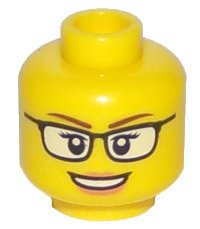 LEGO part Minifigure, Head Female Black Glasses with White Lenses, Reddish Brown Eyebrows, Nougat Lips, and Open Mouth Smile with Teeth Pattern 3626pb1567
