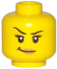 LEGO onderdeel Minifigure, Head Female Black Eyebrows, Right Raised, Eyelashes, Medium Nougat Lips, Smirk Pattern 3626pb1746