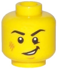 Minifigure, Head Black Eyebrows, Right Angled, Medium Nougat Scuff Mark and Chin Dimple, Lopsided Open Mouth Smile with Teeth Pattern, numero pezzo LEGO 3626pb1769