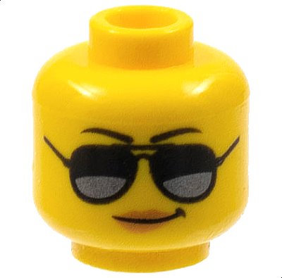LEGO part Minifigure, Head Female Black Eyebrows, Sunglasses with Dark Silver Reflections, Medium Nougat Lips, Smirk Pattern (3626pb1778)