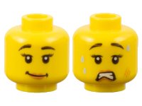 LEGO part Minifigure, Head Dual Sided Female Black Eyebrows, Eyelashes, Medium Nougat Lips, Lopsided Grin / Scared Open Mouth with Teeth, Sweat, and Scuff Mark Pattern 3626pb1842