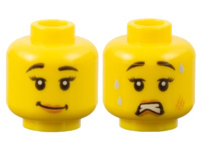LEGO part Minifigure, Head Dual Sided Female Black Eyebrows, Eyelashes, Medium Nougat Lips, Lopsided Grin / Scared Open Mouth with Teeth, Sweat, and Scuff Mark Pattern (3626pb1842)