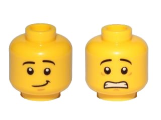 LEGO part Minifigure, Head Dual Sided Black Eyebrows, White Pupils, Scared / Lopsided Smile Pattern (3626pb1879)