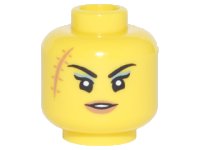 LEGO onderdeel Minifigure, Head Female Black Thin Eyebrows, Large Scar with Stitches, Medium Nougat Lips, Open Slight Smile Pattern 3626pb1880