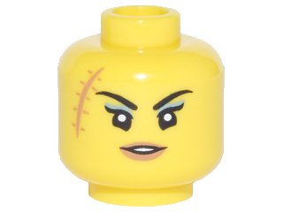 LEGO part Minifigure, Head Female Black Thin Eyebrows, Large Scar with Stitches, Medium Nougat Lips, Open Slight Smile Pattern (3626pb1880)