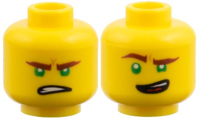 LEGO onderdeel Minifigure, Head Dual Sided Reddish Brown Eyebrows, Green Eyes, Lopsided Open Mouth Grin / Gritted Teeth Pattern (Lloyd) (3626pb1890)