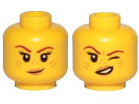 LEGO onderdeel Minifigure, Head Dual Sided Female Reddish Brown Eyebrows, Nougat Freckles and Lips, Small Smirk / Left Eye Squinted Pattern 3626pb2145
