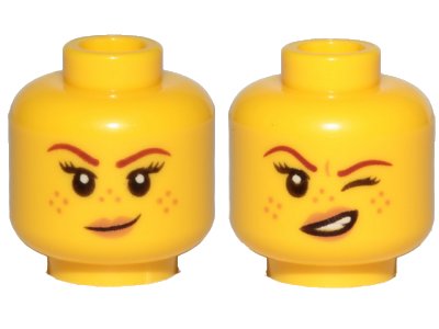 LEGO onderdeel Minifigure, Head Dual Sided Female Reddish Brown Eyebrows, Nougat Freckles and Lips, Small Smirk / Left Eye Squinted Pattern (3626pb2145)