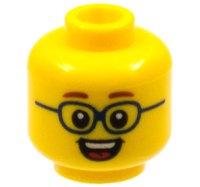 LEGO part Minifigure, Head Child Reddish Brown Eyebrows, Dark Blue Glasses, Open Mouth Smile with Top Teeth and Red Tongue Pattern 3626pb2149
