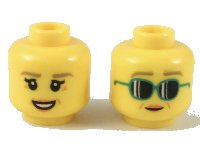 LEGO part Minifigure, Head Dual Sided Female Dark Tan Eyebrows, Medium Nougat Crow's Feet, Peach Lips, Smile / Dark Turquoise Sunglasses Pattern 3626pb2150
