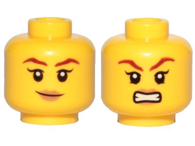 LEGO part Minifigure, Head Dual Sided Female Brown Eyebrows, Peach Lips, Smile / Angry Pattern (Skylor) - Hollow Stud (3626pb2245)