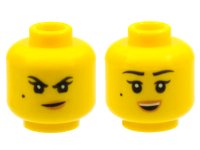LEGO part Minifigure, Head Dual Sided Female Black Eyebrows, Single Eyelashes, and Beauty Mark, Nougat Lips, Smirk with Dimple / Open Mouth Smile with Top Teeth Pattern - Hollow Stud 3626pb2249