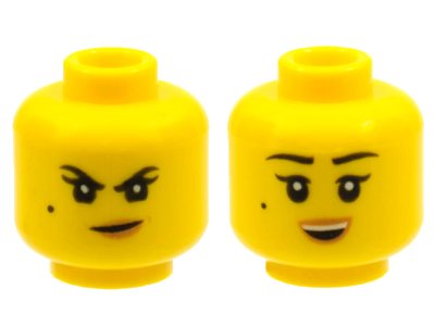 LEGO part Minifigure, Head Dual Sided Female Black Eyebrows, Single Eyelashes, and Beauty Mark, Nougat Lips, Smirk with Dimple / Open Mouth Smile with Top Teeth Pattern - Hollow Stud (3626pb2249)