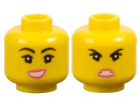 LEGO part Minifigure, Head Dual Sided Female Black Eyebrows, Eyelashes, Freckles, Dark Pink Lips, Lopsided Open Mouth Smile Large with Teeth / Angry Pattern - Hollow Stud 3626pb2263