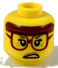 LEGO part Minifigure, Head Female, Reddish Brown Headband, Dark Red Glasses, White Cat Whiskers, Scowling Pattern - Hollow Stud 3626pb2310
