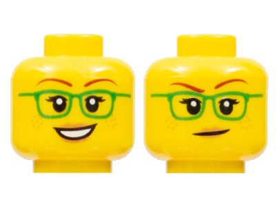 LEGO part Minifigure, Head Dual Sided Female Green Glasses, Smile / Closed Mouth Pattern - Hollow Stud (3626pb2377)
