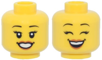 LEGO onderdeel Minifigure, Head Dual Sided Female Black Eyebrows, Eyelashes, Medium Nougat Lips, Smile, Teeth, Open Eyes / Closed Eyes Pattern - Hollow Stud (3626pb2379)