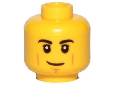 LEGO onderdeel Minifigure, Head Black Eyebrows, Upper Eyelids, Medium Nougat Cheek Lines and Chin Dimple, Lopsided Grin Pattern - Hollow Stud (3626pb2385)