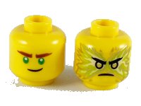 LEGO part Minifigure, Head Dual Sided Reddish Brown Eyebrows, Green Eyes, Crooked Smile / Black Eyebrows, Gold Eyes, Energy, Angry Pattern (Lloyd) - Hollow Stud 3626pb2445